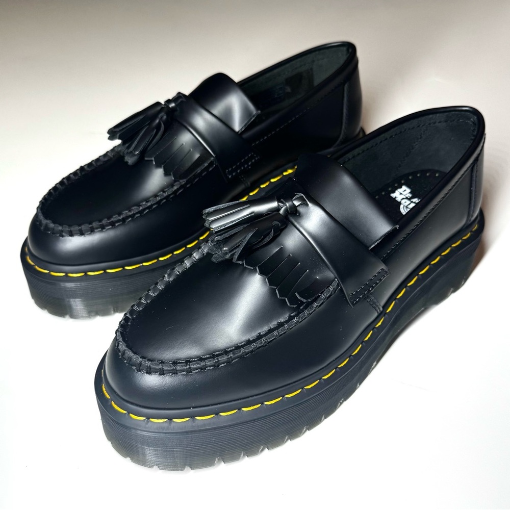Dr. Martens Black Tassel Loafers with Yellow Stitching